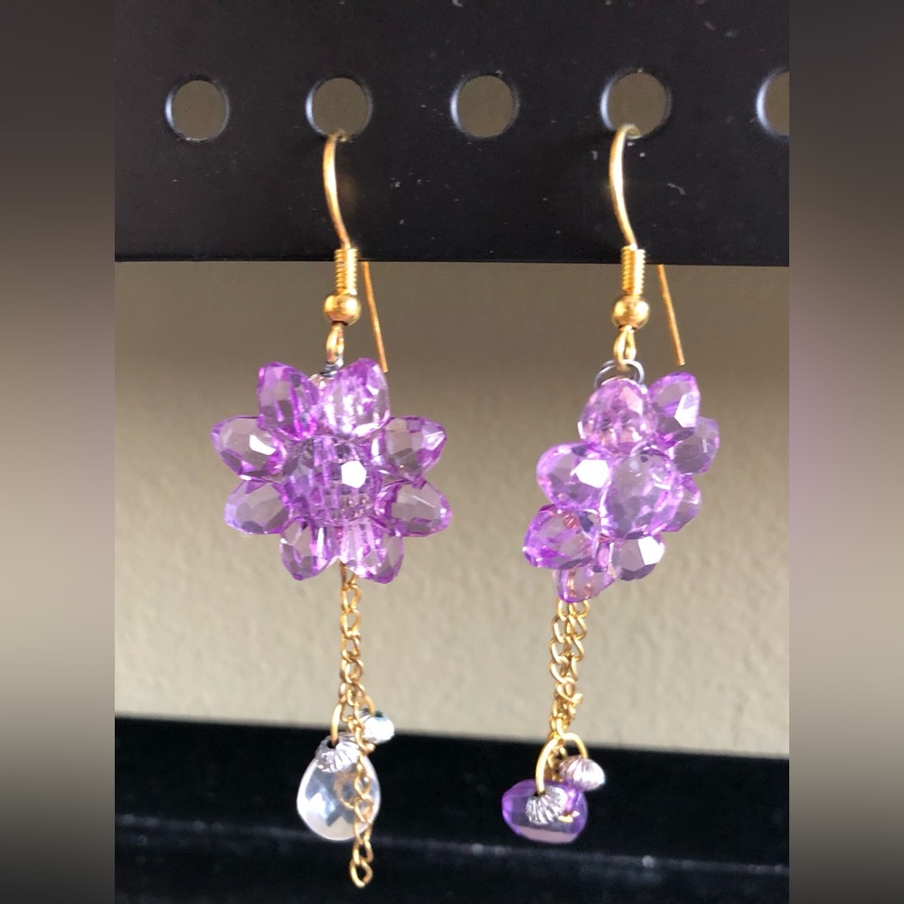 Purple Floral Crystal Drop Earrings - Women Jewelry